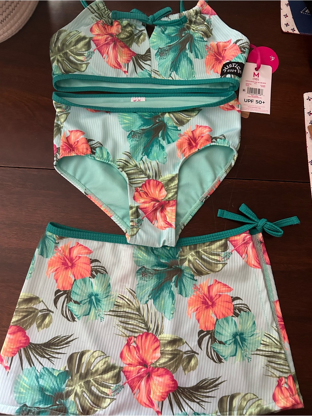 Justice Girls Tropical Floral Two-Piece Swimsuit Set - Teal & Coral